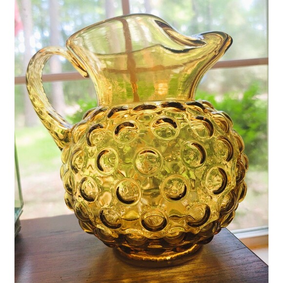 VTG Amber Glass Hobnail Pitcher wide belly applied handle hand blown 8.25" H MCM - Picture 10 of 16
